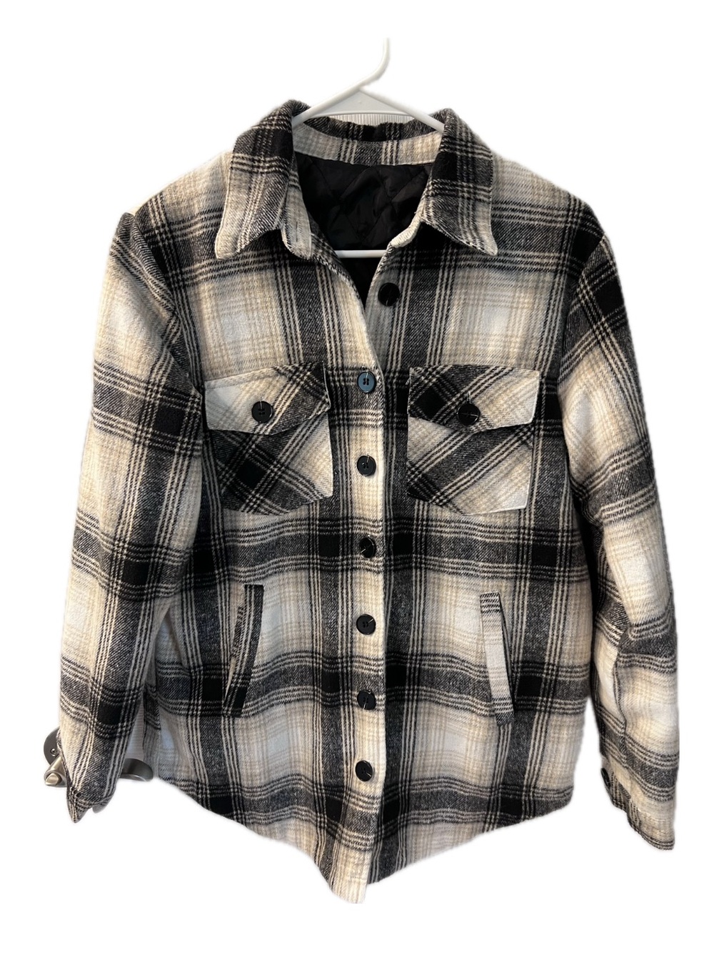 Women’s Black & Cream Plaid Button-Up Fleece Shacket-Jacket